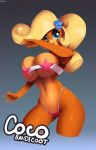  1girl 1girl 2016 anthro bandicoot big_breasts black_nose blonde_hair breasts clothed clothing coco_bandicoot crash_bandicoot_(series) don_ko flower flower_in_hair furry gradient_background hair high_res long_hair looking_at_viewer mammal marsupial navel plant simple_background video_games 