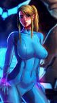 1girl areolae artist_name blonde_hair breasts clavicle clitoris female female_only gradient gradient_background green_eyes hair_between_eyes high_resolution large_breasts long_hair looking_at_viewer metroid midriff mole navel nintendo nipples nude parted_lips ponytail samus_aran snouken_(artist) solo standing thekensnow tied_hair uncensored vagina zero_suit