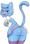  1girl 1girl anthro arttmadness ass bedroom_eyes blue_fur blue_hair blush breasts cartoon_network cat clothed clothing clothing_lift exposed_breasts feline fur furry hair half-closed_eyes legwear looking_back mammal mature_female milf nicole_watterson nipples open_mouth parent pink_nose presenting pussy raised_tail seductive shiny short_hair skirt skirt_lift stockings teasing teeth the_amazing_world_of_gumball tongue whiskers 