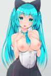 1girl aqua_eyes aqua_hair areola bare_shoulders breasts breasts_out_of_clothes green_eyes grey_background head_tilt high_resolution inaka_no_wadachi long_hair looking_at_viewer magical_mirai_(vocaloid) medium_breasts miku_hatsune neck_tie nipples open_clothes open_mouth tied_hair twin_tails very_long_hair vocaloid