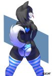  1girl 2016 anthro ass black_fur black_hair black_nose blush bulge canine clothed clothing curled_tail digital_media_(artwork) dog fur furry girly hair half-closed_eyes hand_on_butt heart husky kino_strife legwear long_hair looking_at_viewer looking_back male mammal multicolored_fur multicolored_hair panties portrait raised_tail rear_view seductive skimpy smile spread_legs spreading sqoon standing stockings striped_legwear stripes thick_thighs three-quarter_portrait tongue tongue_out tube_top two_tone_fur two_tone_hair two_tone_tail underwear white_fur 
