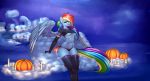  1girl 2016 absurd_res anthro anthrofied armpits blue_feathers blue_skin breasts candle clothing cloud elzzombie equine feathered_wings feathers food friendship_is_magic fruit furry hair halloween high_res holidays legwear long_hair looking_at_viewer mammal multicolored_hair my_little_pony on_cloud outside pegasus pumpkin rainbow_dash rainbow_hair sitting underboob underwear wings 