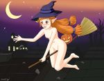  1girl breasts broom broomstick flying hair hairless_pussy halloween hat headgear heart jack-o&#039;-lantern long_hair moon nipples nude orange_eyes orange_hair pointy_ears pumpkin pussy ring town witch witch_hat 
