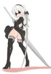  1girl 1girl alternate_costume ass cosplay fate_(series) impossible_clothes jack_the_ripper_(fate) leotard nier:_automata revealing_clothes short_hair sword weapon white_panties yorha_no._2_type_b 