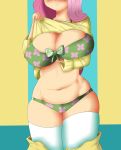  1_girl alternate_species big_breasts blush bra breasts clothing fluttershy_(mlp) hair happygoatygoaty_(artist) human humanized legwear mammal my_little_pony my_little_pony:_friendship_is_magic panties simple_background slightly_chubby smile sweater tagme thick_thighs underwear undressing voluptuous wide_hips 
