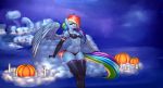  1girl 2016 absurd_res anthro anthrofied armpits blue_feathers blue_skin bra candle clothing cloud elzzombie equine feathered_wings feathers food friendship_is_magic fruit furry hair halloween high_res holidays legwear long_hair looking_at_viewer mammal multicolored_hair my_little_pony on_cloud outside pegasus pumpkin rainbow_dash rainbow_hair sitting underwear wings 