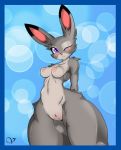  1girl 1girl 2016 anthro blue_border blush breasts clitoris digital_media_(artwork) disney fur furry grey_fur hands_behind_back high_res inner_ear_fluff judy_hopps lagomorph long_ears looking_at_viewer mammal navel nipples nude one_eye_closed purple_eyes pussy rabbit signature simple_background thick_thighs wink zootopia zzvinniezz 