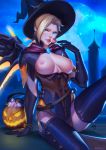 1girl 3d 3d_(artwork) alternate_costume arm_support big_breasts blizzard_entertainment blonde_hair blue_eyes bracelet breasts breasts_out candy earrings eva_solo evasolo female_only food gloves halloween hat highres jack-o&#039;-lantern jack-o&#039;-lantern_earrings jewelry lollipop looking_at_viewer mechanical_wings mercy_(overwatch) moon night night_sky nipples overwatch parted_lips sitting sky smile solo star_(sky) starry_sky wings witch witch_hat witch_mercy_(overwatch)