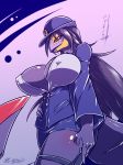  1girl anthro anthrofied big_breasts breasts clothed clothing day-t fangs furry hair nintendo pokemon police purple_background purple_hair purple_skin red_eyes reptile scalie seviper simple_background smile snake uniform video_games 