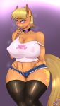 &lt;3 &lt;3_eyes 1girl 2019 5_fingers absurd_res anthro anthrofied big_breasts blonde_hair blush breasts choker cleavage clothed clothing cutie_mark denim_shorts ear_piercing english_text equine female female_only friendship_is_magic furry gradient_background hair high_res horse huge_breasts legs_together legwear looking_at_viewer mammal mature_female midriff ms._harshwhinny_(mlp) ms_harshwhinny_(mlp) my_little_pony navel nipple_outline piercing shirt short_hair shorts simple_background smile standing stockings tank_top text thick_thighs thong wolfmask