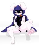  1girl 2016 3_toes alfa995 anthro anthrofied blush breasts bunny_raven cape clitoris clothing dc dc_comics furry high_res hood lagomorph mammal nipples one_breast_out panties panties_aside pawpads presenting presenting_pussy purple_eyes pussy rabbit raven_(dc) simple_background sitting smile spread_legs spreading teen_titans tight_clothing toes underwear white_background 