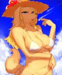 1girl 1girl 4_fingers anthro big_breasts bikini blonde_hair blue_eyes bracelet breasts brown_nose canine cleavage clothed clothing cloud dog fangs flower furry hair hat hibiscus jewelry kemono ksyaro long_ears long_hair looking_at_viewer mammal navel plant ring simple_background sky snout straw_hat sweat swimsuit white_bikini 