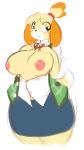  1girl 1girl 2015 animal_crossing anthro averyshadydolphin big_breasts breasts canine clothed clothing cute dog furry hair hairband hand_on_breast isabelle_(animal_crossing) mammal nintendo nipples ribbons simple_background skirt smile video_games white_background wide_hips 