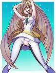 1female aether_foundation bebecake bebecakeart16v big_breasts blonde_hair breasts creatures_(company) female female_only green_eyes human light_blue_background lusamine milf mother pokemon pokemon_sm pussy solo solo_female straight_hair torn_clothes video_game_character white_dress white_leggings