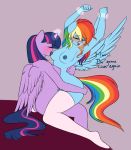  1girl 2016 anthro anthrofied armpits blush closed_eyes clothing dialogue duo elzzombie english_text equine feathered_wings feathers female/female friendship_is_magic furry glowing hair high_res horn legwear long_hair magic mammal multicolored_hair my_little_pony nude pegasus pussy rainbow_dash rainbow_hair restrained stockings text twilight_sparkle winged_unicorn wings 