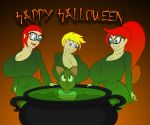 3_girls big_breasts breasts cauldron cleavage cosplay female_only genderswap halloween happy_halloween huge_breasts jenny_test johnny_test johnny_test_(character) mary_test massive_breasts smile susan_test tomkat96 witch