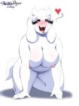  1girl 2016 all_fours anthro areola big_breasts boss_monster breasts caprine eyelashes fangs fur furry goat half-closed_eyes heart highres horn long_ears mammal mature_female milf nipples nude open_mouth parent red_eyes saliva simple_background tongue tongue_out toriel undertale video_games white_background white_fur willisrisque 