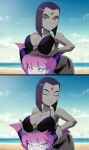  1girl 2_girls big_breasts big_breasts bikini breasts cleavage clothing dc_comics dc_comics female_focus goth goth_girl gothic huge_breasts jinx pink_eyes pink_hair public purple_hair raven_(dc) ravenravenraven short_hair swimsuit teen teen_titans thick_thighs thighs 