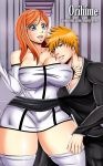  1boy 1girl arrancar bare_shoulders big_breasts bleach bluegraves blush breasts couple curvy dress gigantic_breasts grey_eyes hand_on_thigh hands_behind_head huge_breasts inoue_orihime kurosaki_ichigo long_hair long_sleeves looking_at_viewer orange_hair red_hair revealing_clothes sexy short_skirt skirt smile stockings tease thick_thighs thighs wide_hips wink 
