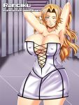  1girl arrancar big_breasts big_breasts big_breasts bleach blonde blonde_hair blue_eyes blush breasts corset curvy dress gigantic_breasts hands_behind_head huge_breasts long_hair looking_at_viewer milf rangiku_matsumoto revealing_clothes sexy short_skirt skirt smile tease thick_thighs thighs wide_hips wink 