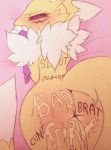  anthro ass bed black_sclera blush body_writing bottomless cum cum_on_body digimon female_only femsub furry glowing_eyes lying mind_break napdust nude renamon text topless 