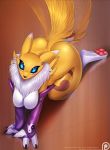  1girl 1girl 2016 all_fours anthro blue_eyes claws clothing digimon doomthewolf elbow_gloves fur furry gloves high_res looking_at_viewer nude pawpads renamon tagme tailwag tattoo tongue tongue_out yellow_fur 