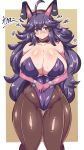  1_girl 1girl alternate_costume big_breasts blush breasts bunnysuit cosplay embarrassed female female_human female_only game_freak hex_maniac hex_maniac_(pokemon) huge_ass human impossible_clothes leotard long_hair nintendo pokemon purple_hair revealing_clothes solo standing 