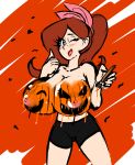 1girl big_breasts bodypaint breasts halloween huge_breasts jack-o&#039;-lantern nipples paint pumpkin_breasts shiny shiny_skin topless wink