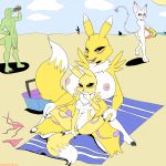 1girl 2016 anthro areola ass bad_parenting beach beach_towel big_breasts black_sclera blush breast_size_difference breasts canine casual_nudity clothing daughter digimon discarded_clothing erect_nipples feline fluffy_tail fox fur furry gatomon group huge_breasts looking_back male mammal mature_female milf mother_and_daughter navel nipples nude nude_beach open_mouth outside parent paws penis pussy renamon scalie seaside slashysmiley small_breasts spread_legs spreading swimsuit tasteful_nudity testicles towel