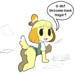  1girl 1girl 2016 all_fours animal_crossing anthro blush bottomless canine clothed clothing digital_media_(artwork) dog furry hairband isabelle_(animal_crossing) itsunknownanon looking_at_viewer mammal nintendo presenting pussy simple_background text upskirt video_games 