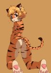  1girl 1girl anthro anus ass blonde_hair blue_eyes blush breasts feline furry hair kneel looking_back mammal mayoi89g open_mouth pussy rear_view tiger 