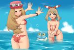  &gt;.&lt; &gt;3&lt; 2_girls 2girls alluring ass beach bikini blush breasts brown_hair butt_crack cleavage deviantart froakie haruka_(pokemon) hat kuroonehalf may mega_ring multiple_girls ocean pokemon pokemon_(creature) pokemon_(game) pokemon_oras pokemon_xy serena serena_(pokemon) splashing swimsuit water 