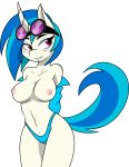  1girl 1girl alpha_channel ambris anthro bedroom_eyes blue_hair blush breasts clothing equine eyewear friendship_is_magic furry goggles hair half-closed_eyes horn mammal multicolored_hair my_little_pony navel nipples seductive smile undressing unicorn vinyl_scratch_(mlp) white_body 