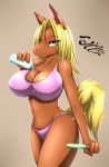  1girl 1girl 2016 anthro big_breasts blonde_hair blue_eyes bottle bra breasts brown_background brown_fur brown_skin cleavage clothed clothing english_text equine food fur furry hair half-closed_eyes high_res horse long_hair looking_at_viewer mammal nipple_bulge panties popsicle signature simple_background smile tailzkim text underwear water wide_hips 
