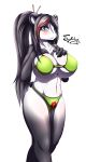  1girl 1girl 2015 anthro bear big_breasts bikini black_fur black_hair blue_eyes blush bra breasts cleavage clothed clothing english_text fur furry grey_fur hair hand_on_breast high_res huge_breasts long_hair looking_at_viewer mammal multicolored_hair navel panda pandaren pose red_hair simple_background skimpy slit_pupils swimsuit tailzkim text two_tone_hair underwear video_games warcraft white_background white_fur wide_hips 