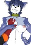  1girl 2017 alpha_channel anthro areola big_breasts black_nose blue_fur breast_grab breasts canine collar duo fox fur furry green_eyes hand_on_breast hand_on_hip krystal looking_at_viewer mammal navel nintendo nipples nude pink_nipples solo_focus star_fox tattoo teeth video_games white_fur yawg 