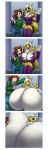  1girl anthro big_breasts breast_expansion breasts clock-face clothed clothing digimon duo featureless_breasts feline fox furry huge_breasts hyper hyper_breasts looking_at_viewer male mammal renamon sitting smile 