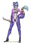  1girl 1girl anthro blade blue_fur canine clothed clothing fox fur furry luigiix mammal markings pose purple_eyes simple_background skimpy smile 