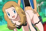1_female 1_male 1boy 1girl all_fours ash_ketchum blue_eyes bra brown_hair clothed doggy_position female from_behind hair human human/human human_only kneel long_hair looking_at_viewer male male/female mostly_nude nipples outside panties_around_leg pants_down pokemon pokemon_xy serena serena_(pokemon) sex solo_focus underwear yxyyxy zaizaiwangwang