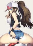 10s 1girl ass baseball_cap big_breasts blue_eyes blush breasts brown_hair crop_top cutoffs denim denim_shorts from_behind hand_on_ass hat hilda hilda_(pokemon) long_hair looking_back midriff nagase_haruhito poke_ball pokemon pokemon_(game) pokemon_bw ponytail short_shorts shorts sit sitting solo squatting thick_thighs thighs torn_clothes torn_shorts touko_(pokemon)