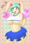  1girl 2015 anthro big_breasts blush breasts brown_fur cheerleader clothed clothing english_text fur furry green_hair hair high_res lagomorph mammal navel open_mouth pom_poms rabbit red_eyes shirt skimpy skirt tailzkim text underboob wide_hips 