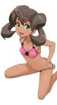  1girl :d bare_shoulders bikini blush breasts collarbone covered_nipples kneeling looking_at_viewer open_mouth pink_bikini pokemon pokemon_(game) pokemon_xy quad_tails sana_(pokemon) shauna shiny shiny_hair small_breasts smile solo string_bikini swimsuit tamagoroo_(funifuni_labo) 