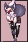 1girl 2016 akukun anthro armwear barefoot bent_over big_ears black_background brown_eyes canine clothed clothing codeine collar crop_top crossdressing ear_piercing english_text facial_piercing fluffy_tail fox fur furry girly grey_fur hair half-closed_eyes high_res legwear lip_piercing lipstick makeup male mammal off_shoulder piercing pink_background pointy_ears raised_tail red_hair shirt short_hair signature simple_background smile teeth text underwear white_fur white_hair