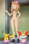  breasts edit fennekin looking_at_viewer nude pikachu pokecatt pokemon pokemon_xy pussy serena smile wink 