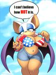  1girl 2020 5_fingers absurd_res american_flag_bikini american_flag_print anthro bikini bikini_top blue_eyes bodily_fluids bottomwear breasts chiropteran clothed clothing clothing_pull cloud dialogue english_text eyelashes fingers food furry hair half-closed_eyes high_res hotpants mammal melting midriff narrowed_eyes navel navel_piercing omegasunburst piercing popsicle rouge_the_bat sega shorts sonic sonic_the_hedgehog_(series) stars_and_stripes sweat swimwear text thick_thighs united_states_of_america white_hair wide_hips wings 