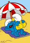  beach beach_blanket beach_umbrella blonde_hair blue_skin cowgirl_position girl_on_top nude smurfette the_smurfs 