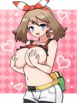  big_breasts breasts checker_board_background checkered_background diamond_background hand_bra haruka_(pokemon) haruka_(pokemon)_(remake) heart looking_at_viewer may pokemon pokemon_oras shirt_lift 
