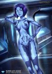  blue_skin blush breasts cortana english english_text halo_(series) hand_on_hip hologram nipples nude purple_hair pussy smile tagme text wink 
