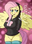  1girl 1girl 2016 anthro anthrofied blush bottomless breasts clothed clothing cutie_mark dialogue english_text equine fluttershy_(mlp) friendship_is_magic furry hair high_res legwear long_hair looking_at_viewer mammal my_little_pony open_mouth pegasus pink_hair pussy stockings text wings ziemniax 