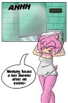  1girl amy_rose anthro comic drying_off furry hedgehog mammal public_shower sandunky sega simple_background text towel video_games white_background 